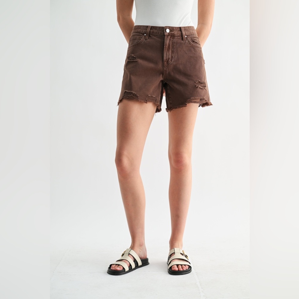 Wide Leg Distressed Boyfriend Midi Shorts - Mica